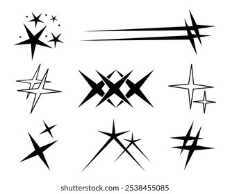 Estrela Y2k brilhando formas abstratas de tatuagem. Sinais e símbolos geométricos no estilo moderno retro 2000s. Espaço cosmos galáxia estética.
Ícone de luz set.Flash, ícone de brilho, brilho, piscar estrela. 