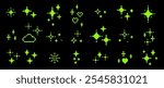 Y2k star sparkle green elements. Glitter pixel art. Heart. Mood of 90