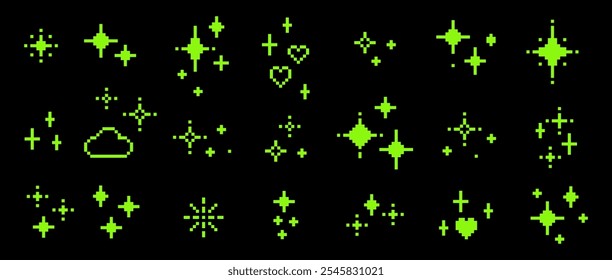 Y2k star sparkle green elements. Glitter pixel art. Heart. Mood of 90's aesthetics. 8-bit retro style editable vector illustration. Simple geometric shape for collage, glamour design. Game abstract