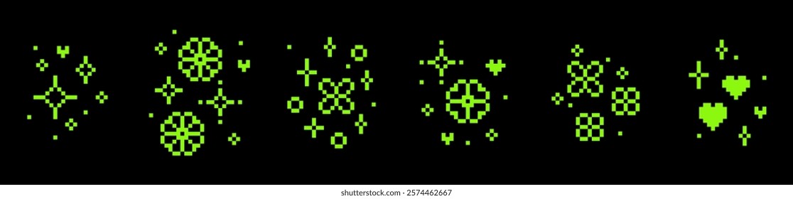 Y2k star sparkle green icons. Glitter pixel art. Star. Heart. Flower. Mood of 90s aesthetics. 8 bit retro style editable vector illustration. Simple geometric pattern set. Game abstract elements