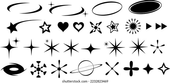 Y2K stars, heart, planet symbols vector 