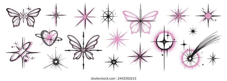 Y2k stars icon set, vector girly emo romance tattoo, pink black sparkle shapes, dot texture design. Simple decoration doodle kit, butterfly, heart shape, comet, 90s sticker print. Abstract y2k stars