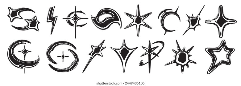 Y2k stars icon set, vector metal dark space shapes, retro futuristic cosmic black symbol collection. Vintage flat liquid space forms, cyber mercury trendy galaxy sign. Y2k stars sparkle creative print