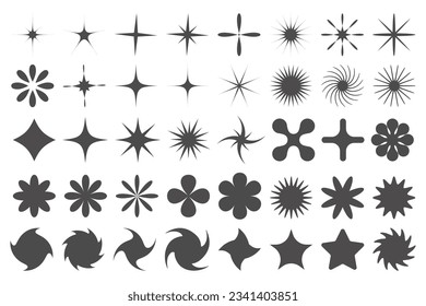 Y2k stars icons. Retro graphic elements for design. Modern rave symbols. Abstract geometric stars sparkles and futuristic twinkle shapes. Vector set of stickers on white background.
