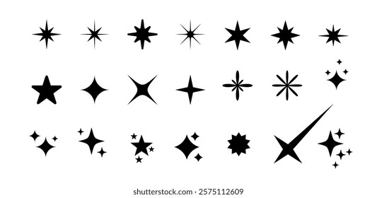 Y2K stars set. Blinking stars, sparks and sparkles shape in retro futuristic stile. Magic light decoration graphic.