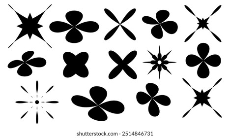 Y2k stars, sparks, sparkles set. Collection of shining blinking twinkle sunburst shapes . Magic glitter light flare pack Good design glint template, poster, banner, flayer. Vector illustration.