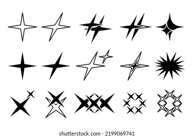 Y2K stars, starburst and retro futuristic graphic design ornaments set. Trendy brutal logo and icons collection. Modern vector template