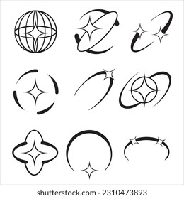 Y2K stars, starburst and retro futuristic graphic set. Collection of Trendy brutal rounded ring collection
