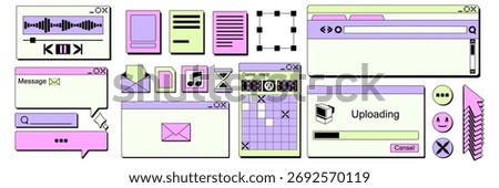 Y2K sticker collection with retro computer interface elements in pastel colors. Nostalgic 90s digital aesthetic with classic windows, icons and navigation controls for early internet era design.