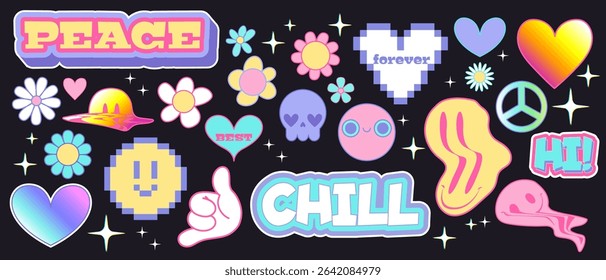 Y2k sticker collection with smile faces, daisies, hearts and retro text. Nostalgic peace signs, melting shapes, pixel graphics and sparkles in pastel colors for trendy art or aesthetic decorations.