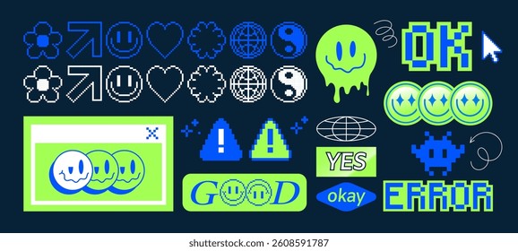 Y2k sticker collection with smile and pixel symbols, text words in retro neon acid style. Acid bright colors on black - blue, green and white shapes for trendy 90s vintage themed graphic design.