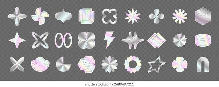 Y2k sticker. Hologram icon. Foil texture. Gradient pattern. Retro metal element. Iridescent label. Geometric shape. Holographic background. Metallic star and flower. Logo mockup. Vector shiny tags set