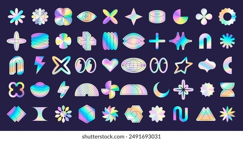 Y2k sticker holographic. Icon graphic, hype gradient retro style decorative elements. Psychedelic 90s, 2000s futuristic design. Shape acid, abstract decoration. Star, moon and flowers. Vector rave set