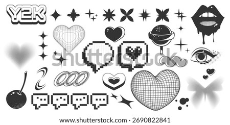 Y2K sticker and icon collection with retro pixel hearts and wireframe grids, stars and cyber aesthetic elements for digital nostalgia designs. Black and white symbols of lips, planets and sparkles.