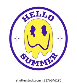 Y2k sticker. The label is in the shape of an oval with a melting smile and the words Hello summer. Text graphic element in bright acid colors. Simple vector illustration isolated on a white