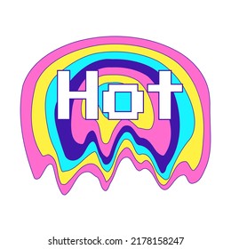 Y2K sticker with a melting rainbow ellipse and the word Hot. Text graphic element in bright acid colors. Nostalgia for the 2000s. Simple vector illustration isolated on a white