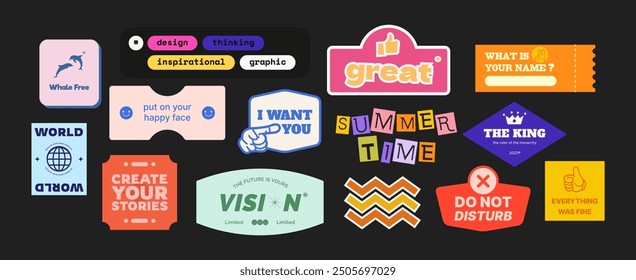 y2k sticker pack that blends retro and modern elements abstract shapes, vintage symbols, and groovy art, this vector set is perfect for any project.