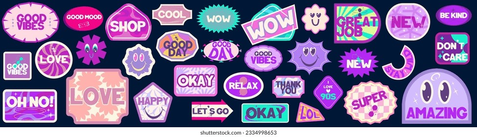 Y2k sticker retro trendy set. 90s design sticker groovy aesthetic elements. Cute purple label y2k. Aesthetic pack trendy shape. Flat vector illustration