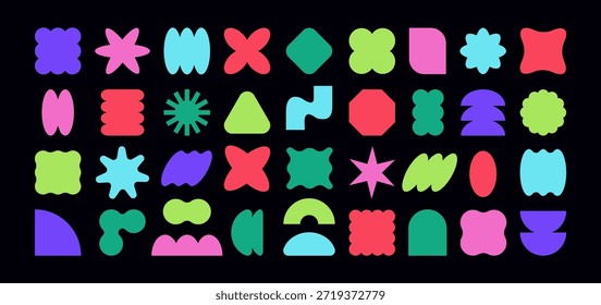 Y2K sticker set bold geometric shapes, stars, and abstract figures in vibrant colors. Basic Geometric Figure png Kit. Trendy vector element for retro poster, badge and modern graphic design project