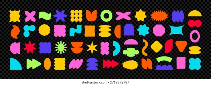 Conjunto de pegatinas Y2K con Formas geométricas audaces, estrellas y figuras abstractas en colores vibrantes. Insignia simple Figura png Kit. Elementos de Vector de moda para cartel retro, insignia y proyecto de Diseño gráfico moderno