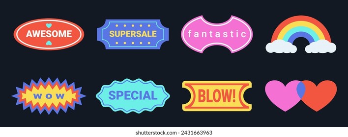 Y2K sticker set, old fashioned labels and badges in retro graphic style, design elements and decorations. Vector illustration.