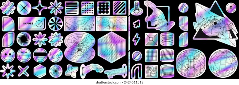 Y2K Aufkleber Set mit silbernem Hologramm-Effekt, isoliert auf schwarzem Hintergrund. Holografische Aufkleber mit Regenbogenverlauf. Brutale Low-Poly-Drahtmodell-Stilelemente. Vector rave moderne Illustration. Schweizer Netz.