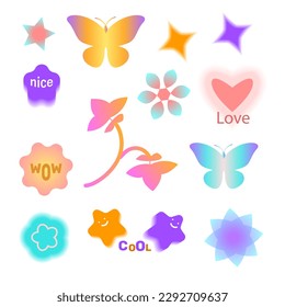 Y2k sticker set.  The trendy psychedelic style of the 90s, 2000s. Pink, yellow, violet colors.Butterfly, heart, stars, flower. Cute vector illustrations, elements and signs.