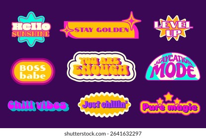 Y2k sticker shape collection on purple background - colorful retro badges with motivational phrases and trendy text. Nostalgic 2000s aesthetic labels with vibrant neon colors for digital designs.
