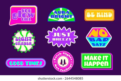 Y2k sticker shape collection on purple background - bright neon badges with motivational text in retro geometric forms. Vibrant 2000s aesthetic labels for nostalgic digital designs and scrapbooking.
