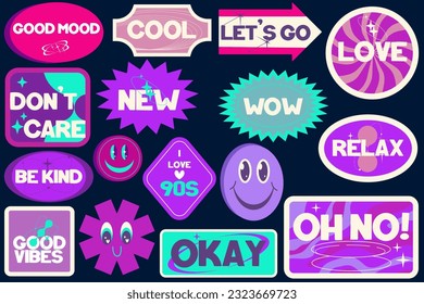 Y2k sticker trendy set. 90s design sticker with text okay, wow, relax. Cute purple label y2k. Aesthetic pack trendy shape. Flat vector illustration