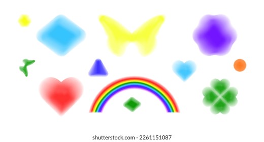 Y2k stickers  Butterfly  heart  rainbow  flower  clover leaf  rhombus  circle  triangle and blurred gradient applied  Set vector elements in 2000s style  isolated white background 