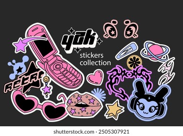 Y2k stickers collection.  Cartoon stickers in funky groovy grunge style. Flip phone, lips, stars, glasses, hairpins, 2000 ornament and tags. 