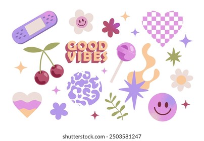 Y2k stickers with daisy, wave, chess, mesh, smile, leopard print, cherry, lollipop. Set of vector elements in trendy retro trippy 2000s style. Funny cute texture for childish design.