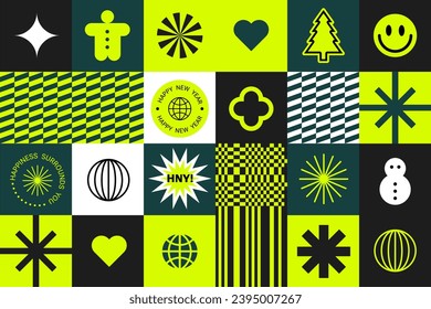 Y2k stickers for happy new year and Marry Christmas Playful retro elements, Geometry shapes. Green Neon colors. Glitch