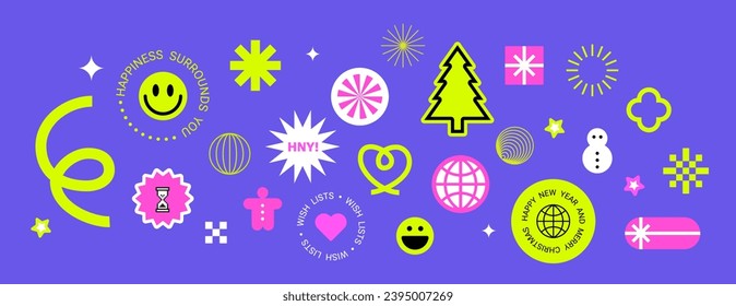 Y2k stickers for happy new year and Marry Christmas Playful retro elements, Geometry shapes. Neon colors. 