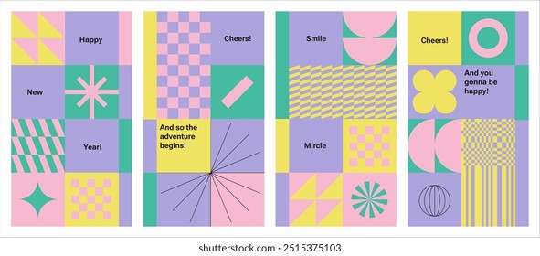 Y2k stickers for happy new year and Marry Christmas Playful retro elements, Geometry shapes. Green Neon colors. Glitch