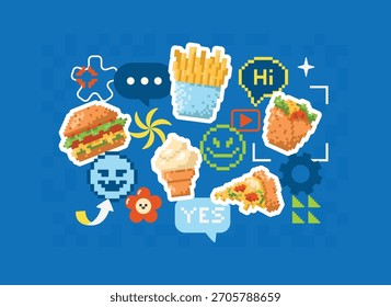 Y2K stickers, patches, tags, emblems. 8-bit pixel art, brutalism, and groovy style set. Hamburger, flower, speech bubbles, funny emoji, pizza, french fries, shapes, ice cream