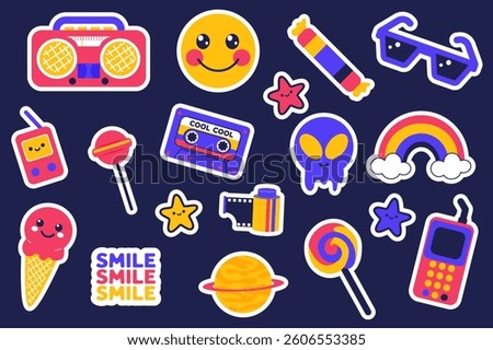 Y2K stickers set in flat design. Collection labels with smile, candy, glasses, player, lollipop, cassette, alien, rainbow, ice cream, stars, planet, photo film, telephone, other. Vector illustration.