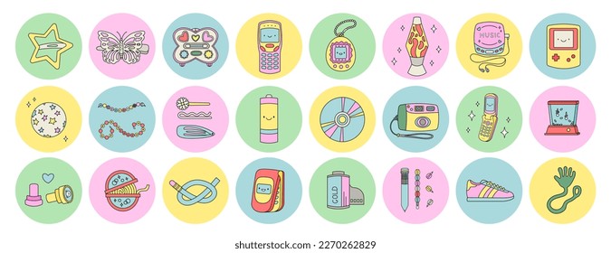 Y2k stickers set. Hairpins, bracelets, flip phones and other elements in trendy nostalgic 2000s style. 90s, 00s childhood aesthetic. 