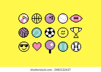 Y2k stickers for sport and recreation. Bright playful retro elements. Ball icon collection. Pixel art. Neon colors. Mood of 90's aesthetics. 8-bit retro style vector illustration