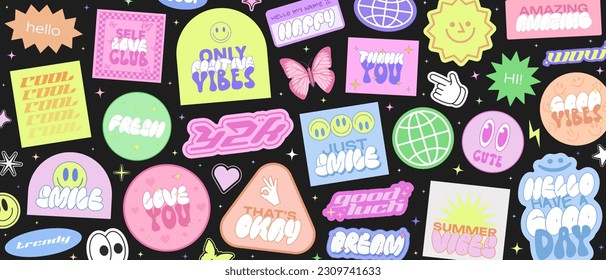 Y2k Stickers Vector Pack. Set Of Trendy Retro Patches Pop Art Design. Cool Groovy Smile Collage. 