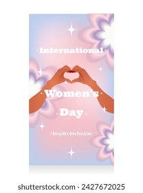 y2k stories background for International Women's Day. Gradient blurred y2k 2000 social media stories template with heart shaped hand gesture. Glamorous aesthetics of the 90s-2000s. Pastel shades.