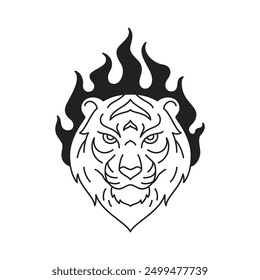 Y2k strong tiger portrait with burning flame black tattoo outline icon vector flat illustration. Wild powerful feline animal carnivorous predator head blaze fire monochrome groovy t shirt print