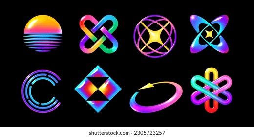 Y2K style 3D element set, multicolored abstract shapes with bright neon glow. Perfect for futuristic or 2000s style graphics and design, vector illustration