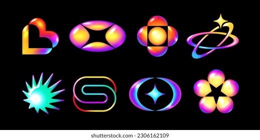 Y2K style 3D elements set with a glass effect, multicolored abstract shapes with bright neon glow. Perfect for trendy graphics and futuristic or 2000s style design, vector illustration