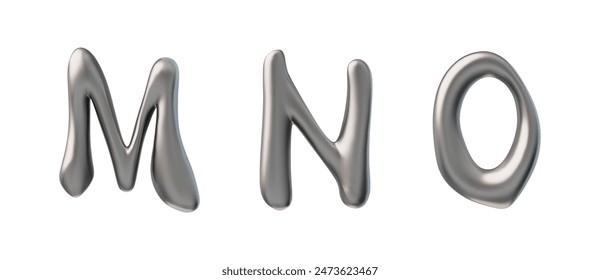 Y2K style 3D metallic icons set featuring the letters M, N, and O. Vector illustration for digital media and 90s, 00s trendy designs