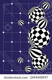 Y2k Style abstract background design, with strange wireframes and graphic geometrical shapes. Abstract brutalist background with geometric shapes
