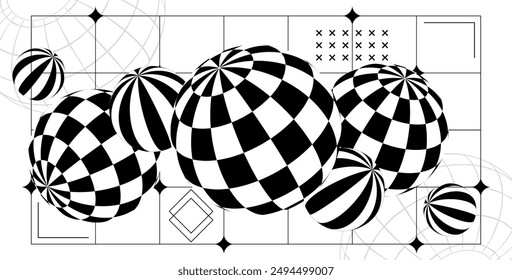Diseño de fondo abstracto estilo Y2k, con extraños wireframes y Formas geométricas gráficas. Abstractas fondo brutalista con Formas geométricas