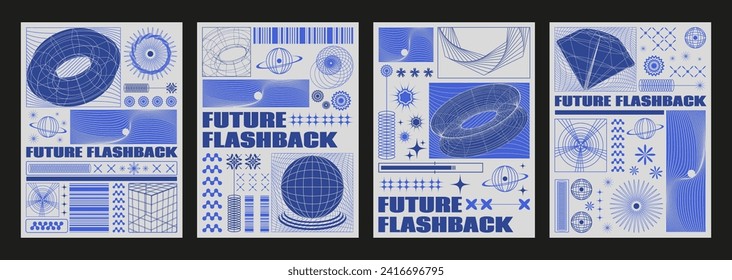 Y2k style banners set. Vector realistic illustration of retrowave aesthetic posters with blue wireframe torus, globe, diamond on gray background, retro futuristic vibe flyers, 2000s techno aesthetic