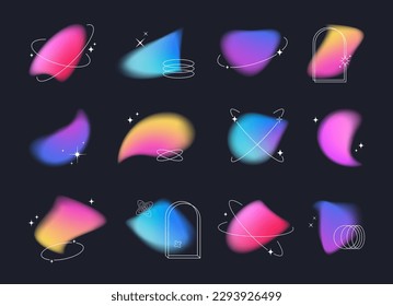 Y2k style blurred gradient abstract shapes set and trendy linear frames and stars   sparkles  geometric forms  Blurry organic shapes  aura aesthetic elements  Modern minimalist design elements 
